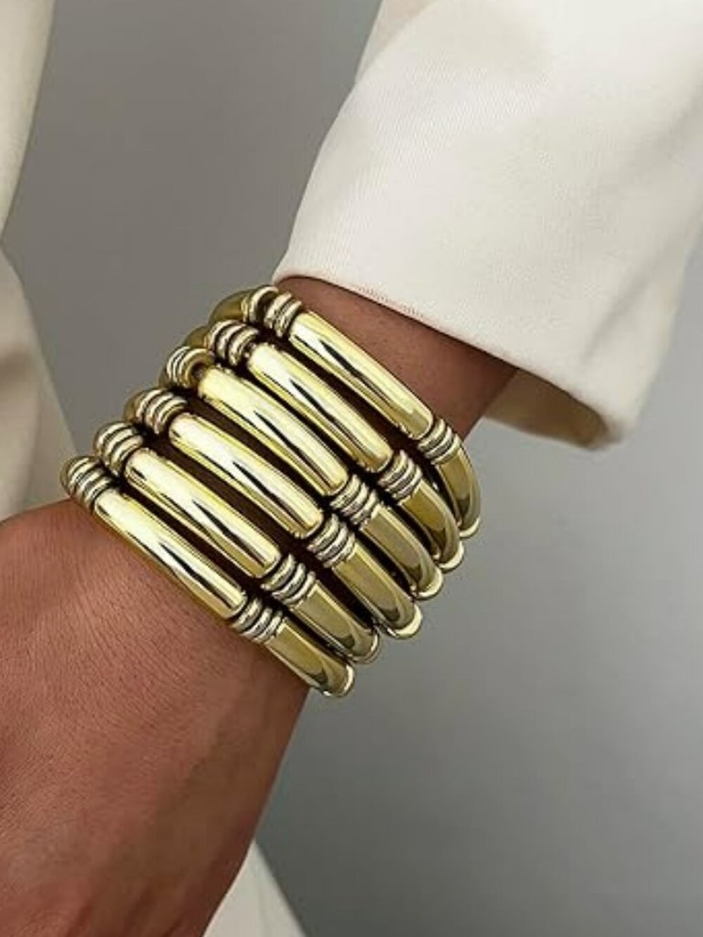 6 pc Acrylic Bangle Bracelets Resin Bamboo Gold Stretchy Bracelet Set Chunky